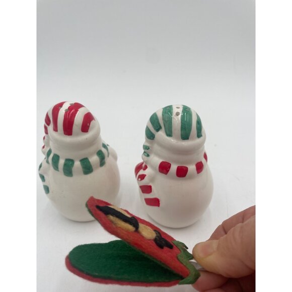Snowman Ceramic Salt & Pepper Shakers With Christmas Felt Ornament - Red & Green - Picture 3 of 9